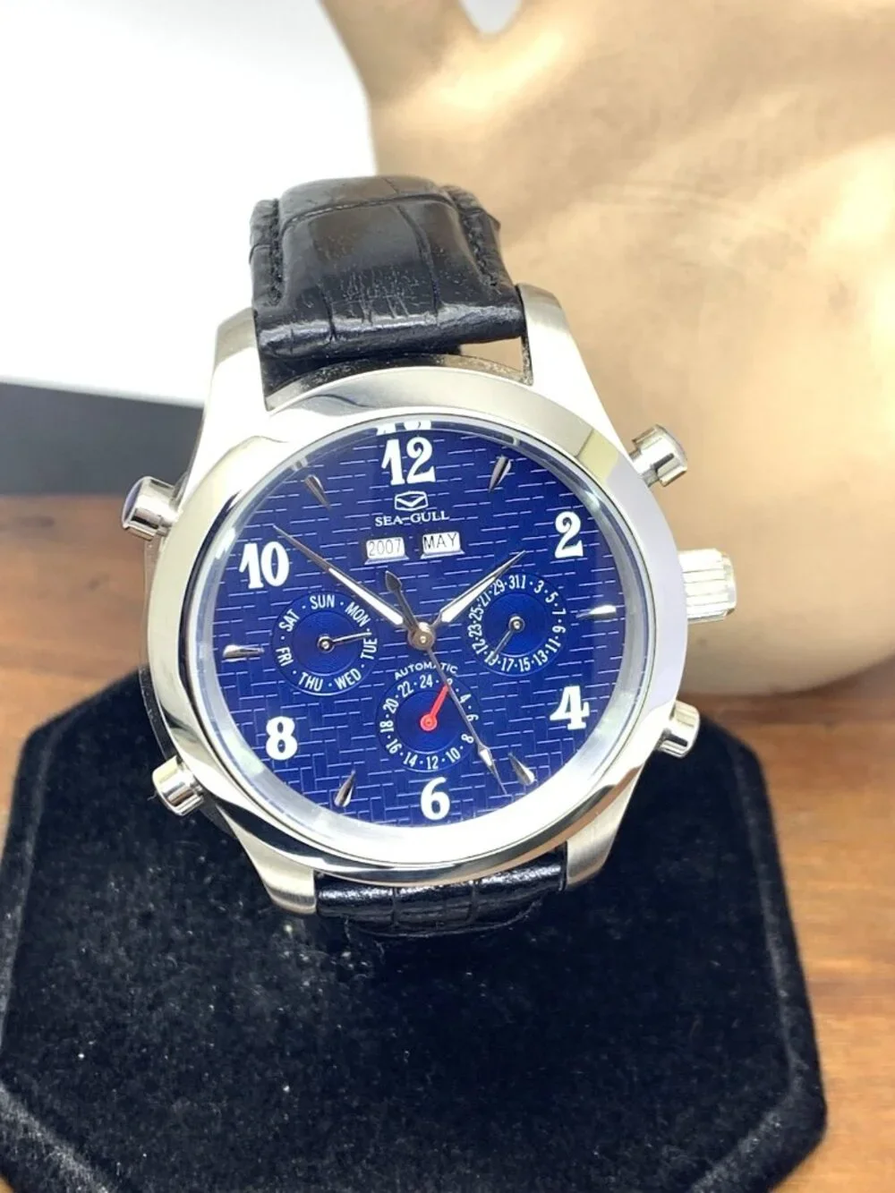 Seagull Men's Watch Automatic Blue Dial Triple Calendar Black Leather Strap 41mm